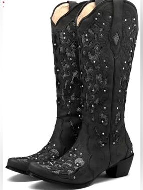 Women's Black Embellished Western Knee-High Boots